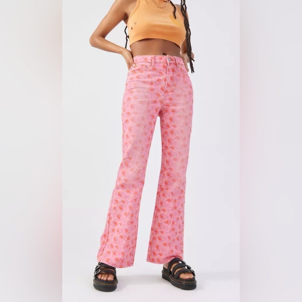 BDG Pink Floral High Rise Flare Denim Jeans